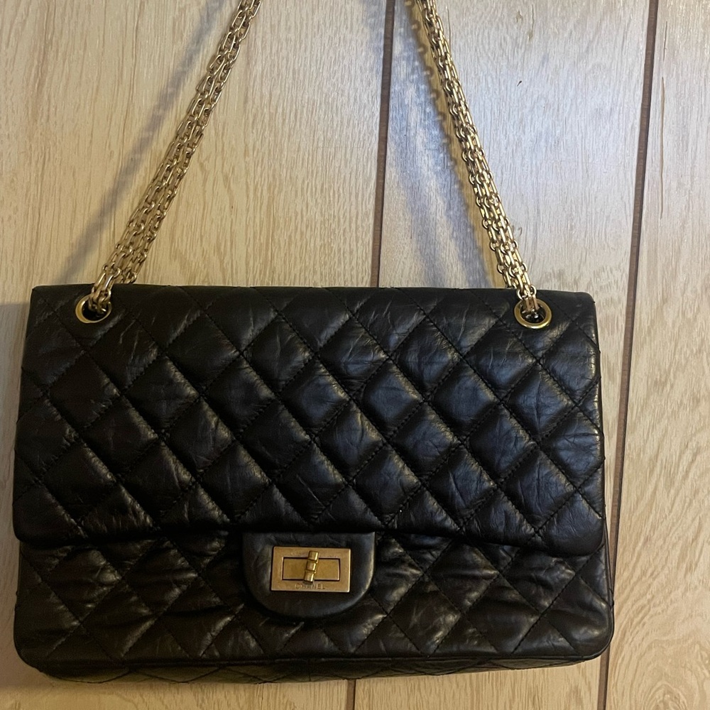Black Quilted Shoulder Bag with Gold Chain Strap